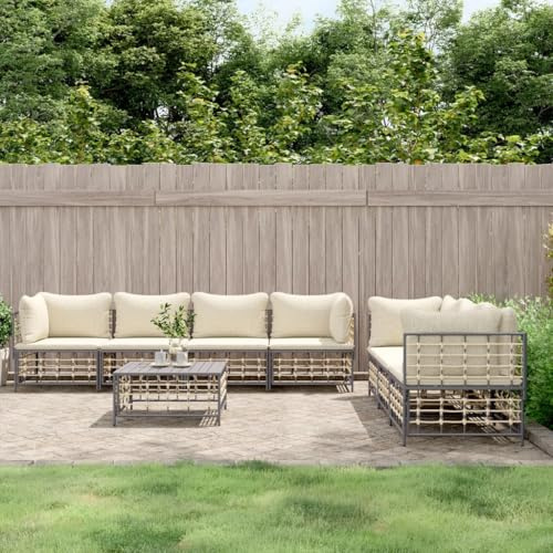 WEMYUFURN Juego de salón de jardín de ratán sintético resistente a la intemperie con marco de acero y cojines acolchados para patio, diseño modular, cómodo grupo de asientos, mesa estable