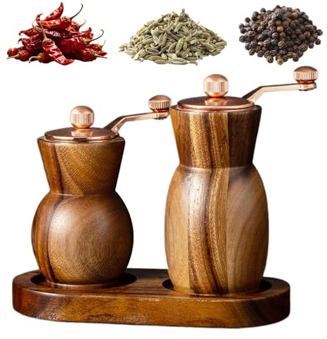 Moulin à sel et poivre | Moulin à épices manuel en bois avec épaisseur de mouture réglable | Ensemble de moulins manuels pour sel et poivre – Pour assaisonner les haricots chili pour cuisine, comptoir