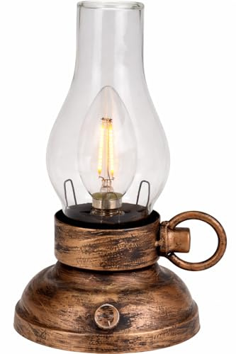 Vintage LED Oil Lantern – Battery Operated Rustic Table Lamp with Warm White Light – Antique Bronze Hurricane Lamp for Home, Garden, Camping & Outdoor Decor