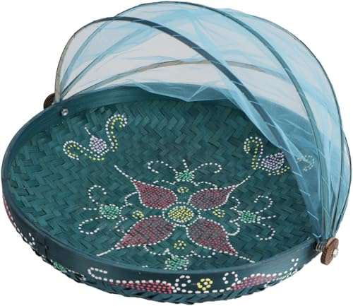GURU SHOP Fliegenschutz Obstkorb, 3 Größen, türkis/bemalt, 30 cm Ø | Schützt Obst und Lebensmittel vor Insekten, aus Rattan und Stoffgaze, pflegeleicht, vielseitig einsetzbar.