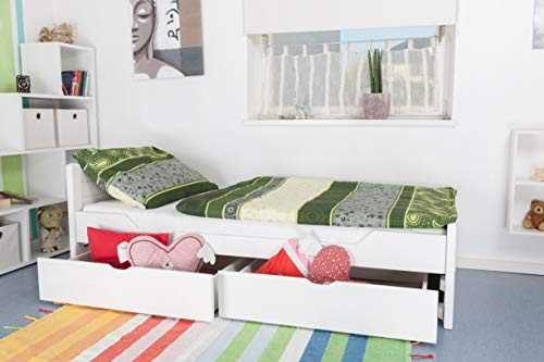 Einzelbett/Funktionsbett Easy Premium Line K1/ Voll inkl 2 Schubladen und 2 Abdeckblenden, 90 x 200 cm Buche Vollholz massiv weiß lackiert