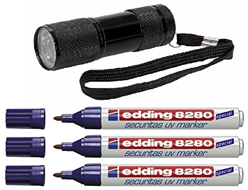 edding Spezialmarker edding 8280 securitas UV marker, 1,5-3 mm, farblos 3er Pack Stifte + UV Marker + UV Lampe