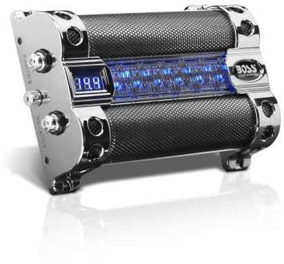 BOSS Audio Systems CAP8 Auto-Kondensator – 8 Farad, Energiespeicher, verbesserter Bass von Stereo, Warnung gegen Verpolungston, Spannungsüberlastung, niedrige Batteriespannung, LED