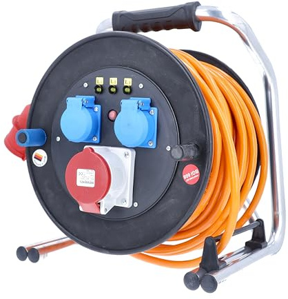 as - Schwabe enrollacables CEE 30 m H07BQ-F 5G2,5 naranja, IP54 exterior, 2 tomas de corriente con toma de tierra y 1 toma CEE 400 V 5 polos, Interruptor térmico, muy robusto, Made in Germany