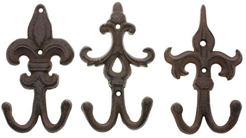 Comfify Set of 3 - Cast Iron Fleur De Lis Double Wall Hooks/Hangers - Decorative Wall Mounted Coat Hook - Rustic Cast Iron - with Screws and Anchors CA-1504-30-BR