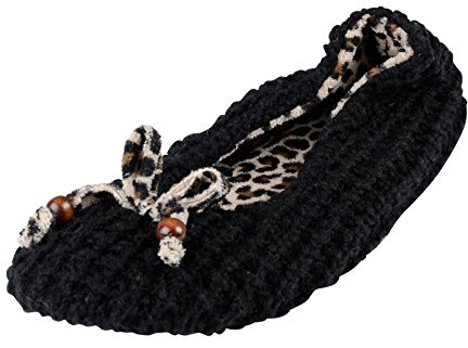Autumn Faith Womens Millie Black Knitted Ballet Slippers with Soft Leopard Print Inner UK 5/6