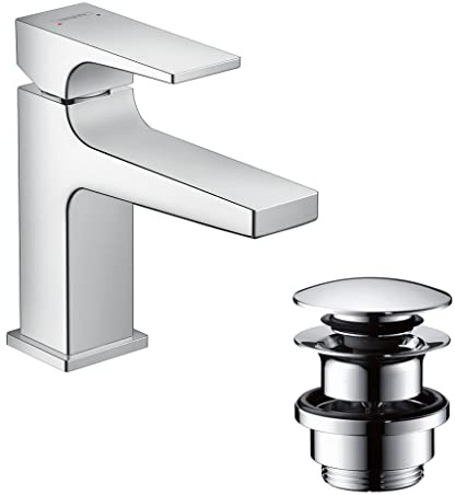 hansgrohe Tvättställsblandare i metropol, vattenkran badrum med pip höjd 100 mm, med push-open avloppsarmatur, vattenbesparande, krom