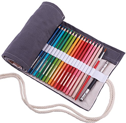 Amoyie Leinwand Stifterolle für 72 Buntstifte, Hand Roll-up Mäppchen für Reisen/Schule/Büro/Kunst (Keine Schreibzeuge im Lieferumfang), Grau