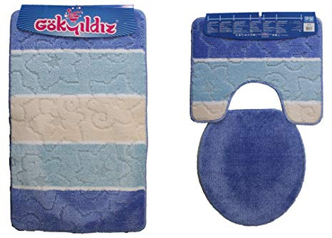 Anka Textil Badgarnitur 3-Teilig Badmatte Bad Set 85x55cm Hänge WC Streifen mit Ausschnitt (Hellblau)