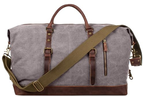 S-Zone Travel Bag 52-55L Vintage Canvas Crazy Horse Leather Trim Unisex Hand Luggage Weekender Bag Sports Bag for Travel Weekend Holiday, lightgrey, XL