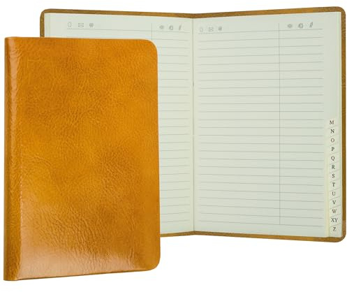 DELMON VARONE - Personalisierbares Adressbuch DIN A6+ gebunden mit A-Z Register Vintage Leder braun - Telefonbuch klein mit leicht wattiertem Hardcover Einband & alphabetischem Telefonregister