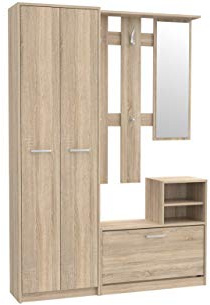 Garderobe NIKO NIKD01 Flurgarderobe, Flur, Dielengarderobe mit 2 Türiger Kleiderschrank, Schuschrank mit 1 Klapptür und Spiegel (Sonoma Eiche)
