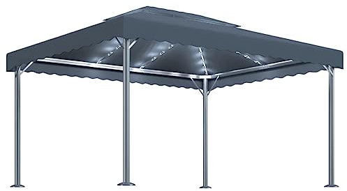 vidaXL Tonnelle avec Guirlande Lumineuse à LED Belvédère de Jardin Pavillon Extérieur Tente de Réception Chapiteau Barbecue 4x3 m Anthracite Aluminium