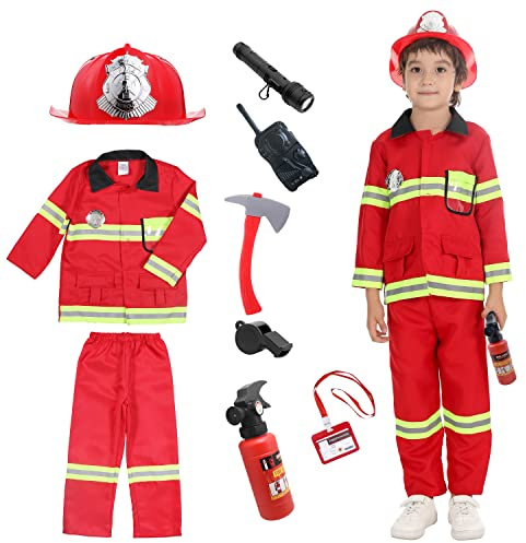 Udekit Costume de Pompier pour Enfants Chef des Pompiers Cosplay Jeu de Rôle Jouets Accessoires pour 6 à 8 Ans