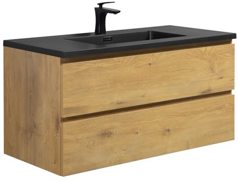 Badplaats B.V. Badezimmer Badmöbel Set Angela 100 cm - Schwarzes Waschbecken - Eiche - Unterschrank Schrank Waschbecken Waschtisch