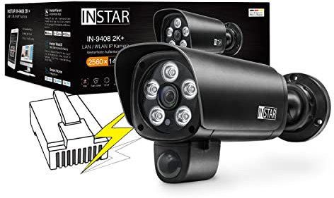 INSTAR IN-9408 2K+ PoE Negro - cámara de vigilancia LAN/PoE con Inteligencia Artificial - cámara Exterior Resistente a la Intemperie - Power Over Ethernet IEEE 802.3af - HomeKit - PIR - RTSP