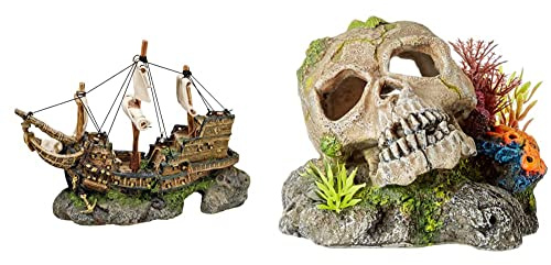 Nobby Aqua Ornaments Schiff 33 x 13 x 23 cm & Aqua Ornaments Totenkopf mit Pflanzen 13,5 x 13,5 x 10,5 cm