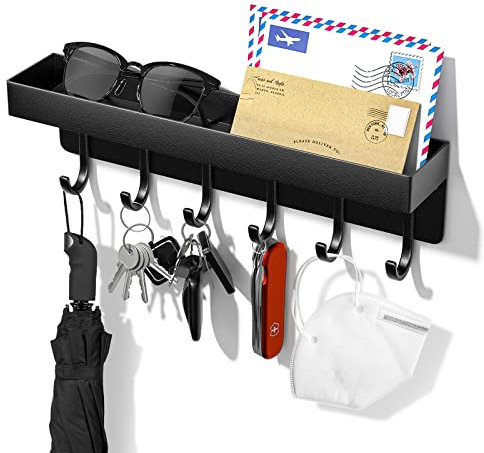 iophi Schlüsselbrett mit Ablage und 6 Haken, Platzsparendes Tragbares Organizer Schlüsselablage, Schlüsselboard Ohne Bohren Wandmontage für Schlüssel Aufbewahrung an Eingang, Hängen Küchenbesteck