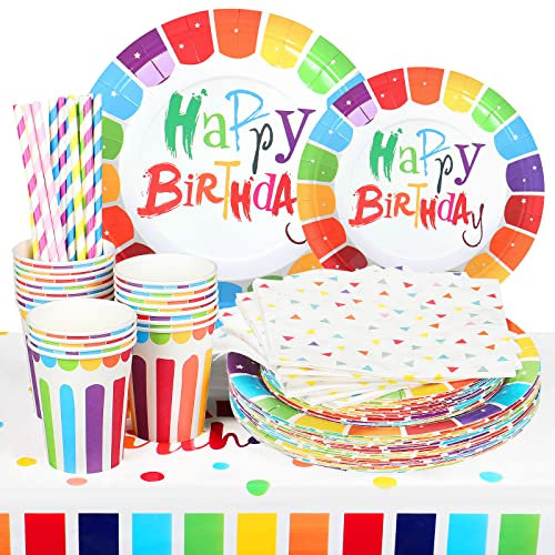 101 Pieces Tableware for Birthday Parties 20 Guests Plates Coloured Paper Rainbow Cups Straw Napkins Children's Table Cloth