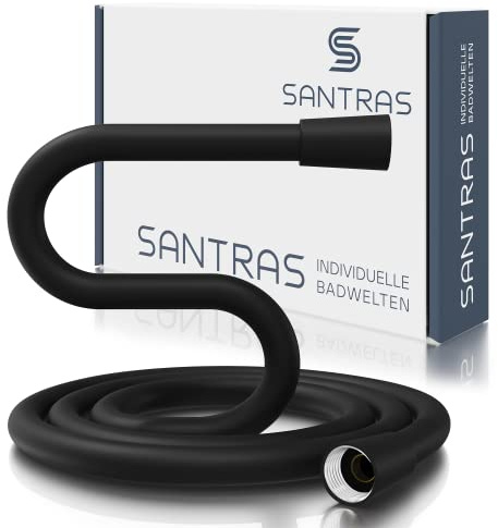 SANTRAS® Duschschlauch 1,5m aus Kunststoff in Schwarz-Matt inkl. Dichtungen - Brauseschlauch mit Verdrehschutz & Knickschutz - Standard Anschluss & Trinkwassergeprüft für Dusche und Badewanne