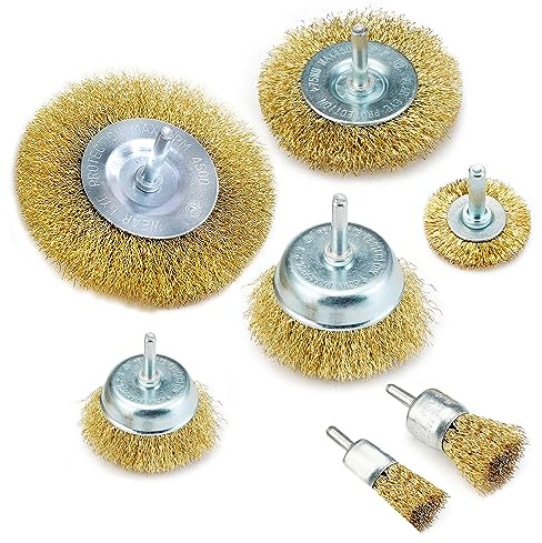 WEDAMOO 7 Pcs Wire Wheel Cup Brush Drills Set for Drill 1/4 Inch Shank | Brass Coated Wire Brush Wheel Cup Brush Metal Brushes for Clamping 6mm Electric drills for Cleaning Rust Flakes Abrasives