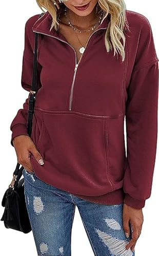 Sweatshirt Femme Manches Longues Tops Revers Fermeture éclair Casual Loose Pullover Chemises Activewear Running Jacket Rouge Vin M