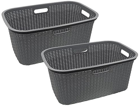 HRB Wäschekorb Plastik Rattan Optik, 40 L Wäsche Box Volumen, Wäschesammler mit 58,5 x 39 x 26 cm Außenmaß, Wäsche Sortierer groß, Aufbewahrungskorb (2 Stück, Grau)