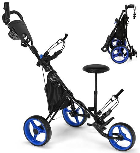 SPOTRAVEL 3 Wheel Golf Trolley, Folding Golf Cart | with Storage Bag, Umbrella Holder, Foot Brake & Built-in Cooler, Portable Golf Push Trolley