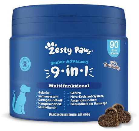 Zesty Paws 9 in 1 Multivitamins for Senior Dogs | Supports Joints, Skin, Eyes, Brain Function, Immune System, Urinary Tract, Heart & Gut Health| Vitamin A, B & C, Folic Acid, Biotin | 90 Chews