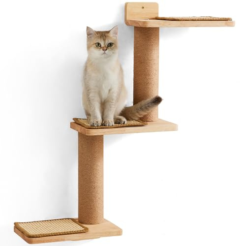 FUKUMARU Albero Tiragraffi a Parete per Gatti,Struttura Multifunzionale con 3 Piattaforme Girevoli in Legno e 3 Tappetini di Sisal,2 Colonne di Juta,Design Compatto per Arrampicata/Riposo/Gioco.