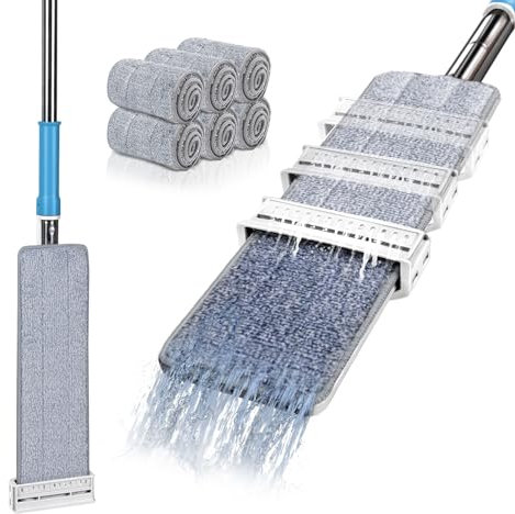MASTERTOP Microfibre Floor Mop, Flat Floor Mop with Self Wringing, Hands Free Wet & Dry Mops for Cleaning Hardwood, Tile, Laminate, Marble - White + Blue, Send 6 Reusable Microfibre Pads