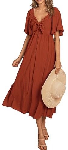 PRETTYGARDEN Summer Dress for Women 2025 Casual Short Sleeve Bow Tie V Neck Ruffle Midi Flowy Dresses (Rust Red,XX-Large)
