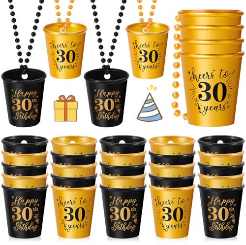 Sureio 24 Pcs 30th Birthday Party Favors Shot Glass Necklaces Cups Bulk for Women Men Guests, Plastic Gold and Black Shot Necklace Cups for Birthday Anniversary Supplies