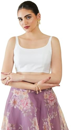 Fashnkart Indian Women's Satin Silk Stitched Sleeveless Solid Plain Blouse Readymade Ethnic Tunic Choli Scoop Neck, Back Open White