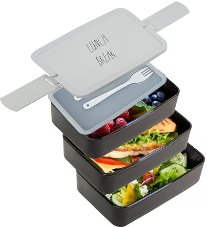Premier Housewares Minimalist Black Lunch Box with Cutlery | Organized Bento Lunch Box for Travelling | Graphical Box with Compartments for Kids School | Ecofriendly Lunch Box
