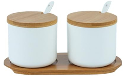 Lot de 2 sucriers en céramique de 250 ml avec cuillère, couvercle en bois et plateau à épices pour sel, sucre, café, thé, assaisonnement pour la maison, la cuisine, le café, le bar, blanc