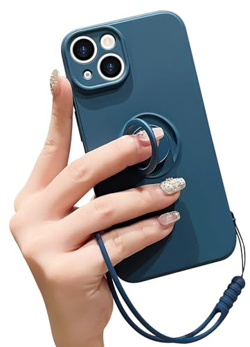 Pepmune for iPhone 14 Silicone Case with Ring Holder-Blue | Kickstand Magnetic Car Mount,Detachable Wrist Strap,Shockproof Soft Protective Cover
