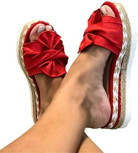 Hausschuhe Damen Sommer-Bowknot-Plateau-Sandalen, mittlerer Absatz, Hausschuhe, verschleißfest, rutschfest, offene Zehen, dicke Sohlen, Plattform, weiblich, Outdoor, Strand, Flip-Flop-Schuhe (7 bra