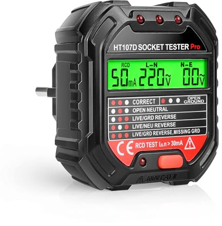 Tester di Presa Elettrica Automatica con Schermo LCD, Euakee 6 Tipi di Diagnosi di Errore, Indicatore di Tensione e Alimentazione, Test FI, Rilevatore di Tensione HT107D