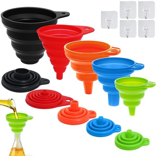 REJOECE 5 Pcs Collapsible Funnel Set - Portable Soft Silicone Gel for Filling Bottles, Containers with Water, Oil, Liquid Transfer - Rainbow Colors