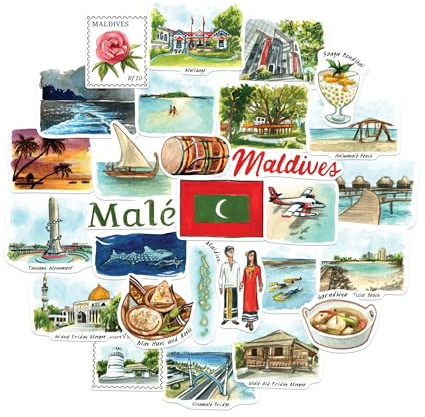 Navy Peony Blissful Maldives Travel Stickers (28 Stück) – Handillustrierte, maledivische, Malé-inspirierte Urlaubsaufkleber für Journale, Scrapbooks und Gepäck