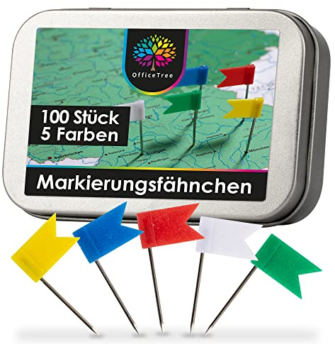 OfficeTree 200x Markierungsfähnchen Pinnwand Flagge - 5 Farben - Stecknadel Fähnchen für Weltkarte Pinnwand - Fähnchen Pins - Markierungsfahnen in praktischer Aufbewahrungsbox