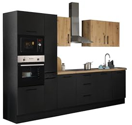 TURIN ZBM Küchenzeile ohne Küchengeräte Küche Artisan Eiche Optik Schwarz | 300 x 211 x 60 cm (B/H/T), Küche ohne Elektrogeräte, Einbauküche ohne Geräte, geräumig, mit viel Stauraum, modernes Design