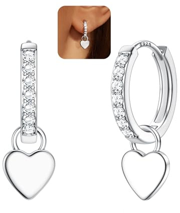 FIOROYAL Örhängen Kvinnor 925 Silver Hängsmycken Hypoallergena Cz Örhängen Cirkel Liten Avtagbar Hjärta Hängen Flicka Smycken Kvinnor Present Flicka, 10 mm, Sterlingsilver, Kubisk zirkonia