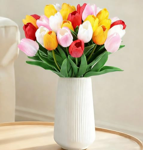 Sahoottie Artificial Tulips 15Pcs Fake Tulips Flower Tulip Artificial Flower Indoor Real Touch Spring Flowers Wedding Bouquet Party Decoration（5 Colors 14 Inch）