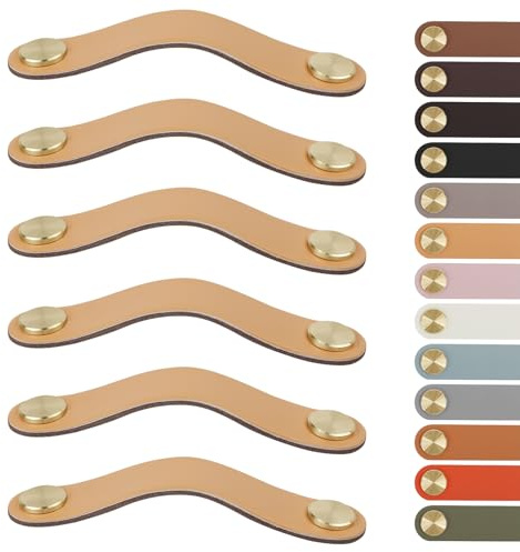 LEREATI 6pcs Leather Drawer Handles Fit to 96mm Cupboard Hole Pitch, Faux Leather Pulls Cabinet Handles, Drawer Knobs for Kitchen, Bathroom, Dresser, Wardrobe (96mm Hole Center, Golden + Beige)