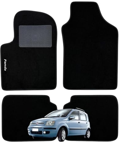 Set 4 Tappeti in Moquette NERI Adatti per PANDA II 2 serie 169 2003-2012 - Compatibli NON Originali, con Bottoni di Fissaggio, Battitacco cucito e antiscivolo