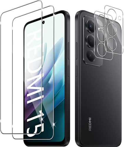 Yenwen Protector de Pantalla para Xiaomi Redmi 15 4G/5G, 2 Piezas Cristal Templado con 2 Piezas Protector de Lente de Cámara, 9H Dureza Ultra Resistente Vidrio Templado