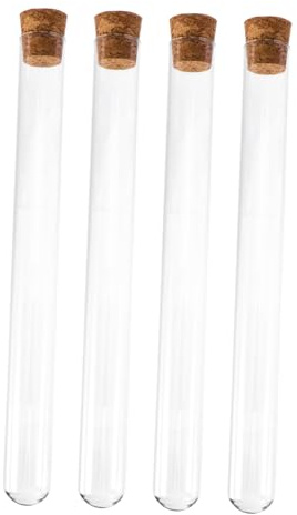 LOLIPPYY Lot De 4 Tubes à Essai En Verre Transparent 20 x 200 Mm Avec Bouchons En Liège, Fond Plat Et Rond, Pour Expériences Scientifiques, Stockage De Liquides Et Usage Scolaire