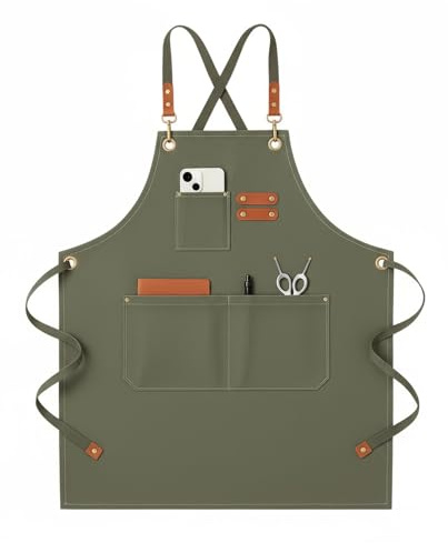 Robust förkläde för damer och herrar i segelduk – Justerbart med stor ficka, smutsavvisande. Perfekt för kök, grillning, målning, trädgårdsarbete och hantverk (Grön)